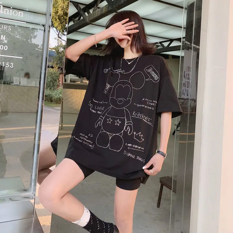 

2021 Spring and Summer New Black Loose T-shirt Women's Short-sleeved Cartoon Diamond-studded T-shirt Trendy Long Top