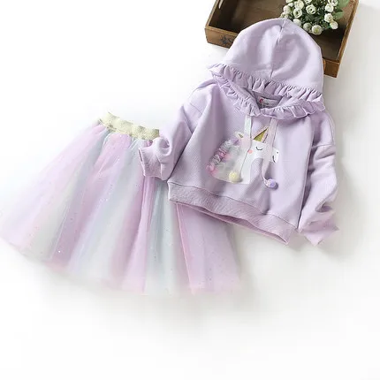 

2020 Spring Autumn Baby Girl Clothes Set Fashion Cartoon Hooded Sweater+Rainbow Girls Skirt Two-piece Suit Toddler Girl Outfits