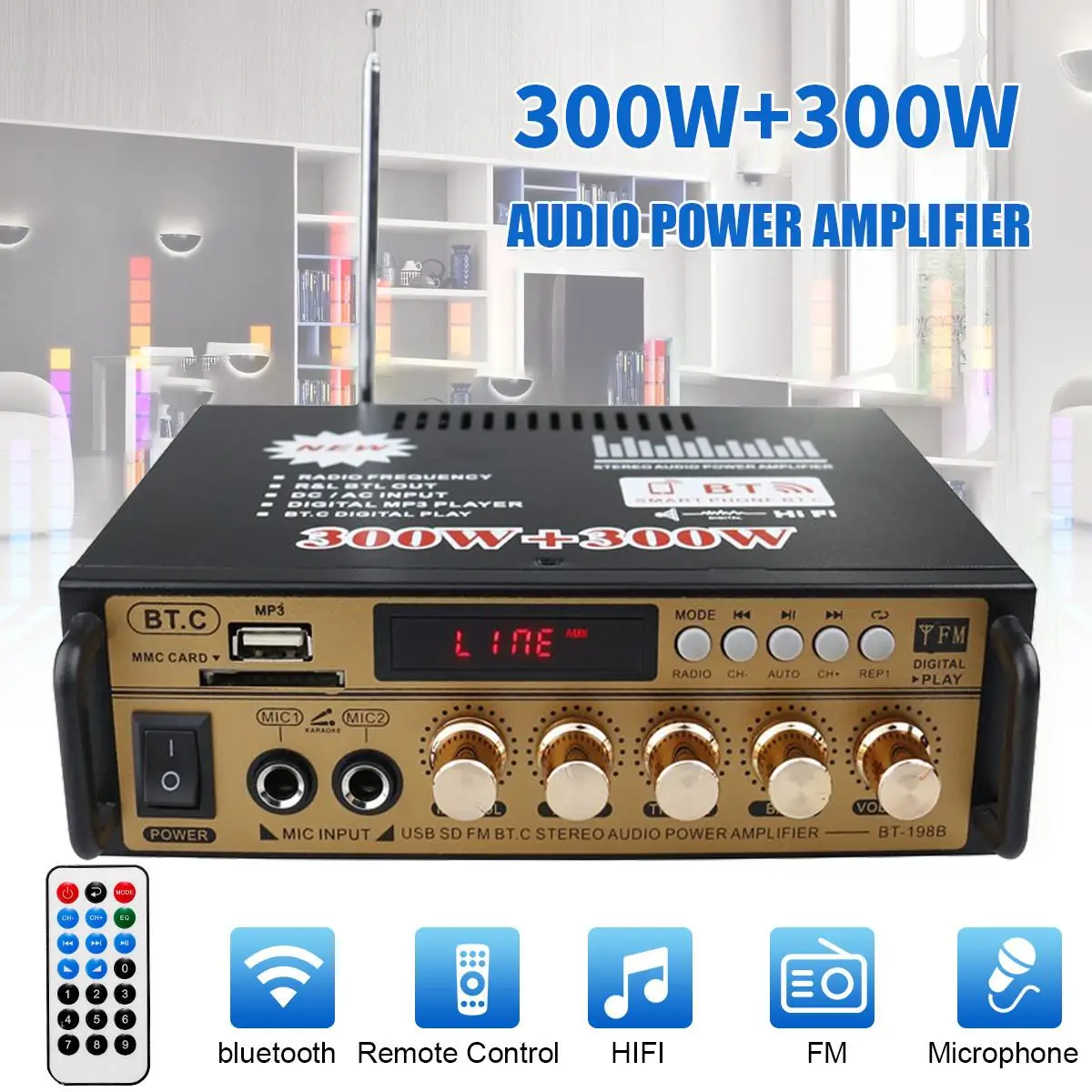 800W 220V Bluetooth Amplifier HIFI Digital Subwoofer AUX input USB SD Home Theater Amplifiers Audio Processor Power Amplifier