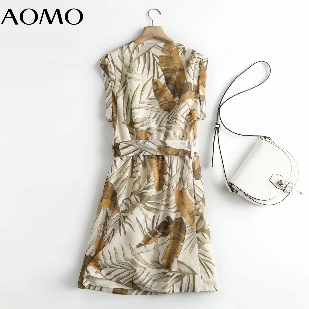 

AOMO 2021 Fashion Women Flowers Print Dress with Slash Sleeveless Buttons Female Office Lady Short Dress 4C95A