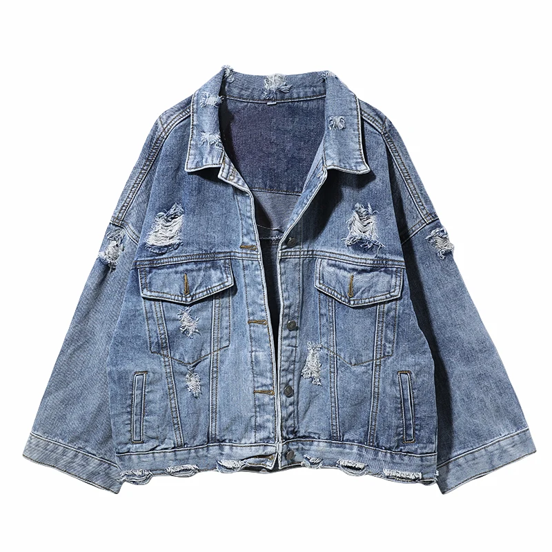 

All Match Loose BF Denim Jacket Female Nice Spring Autumn New Cropped Jacket Top Holes Single Breasted Women Jeans Jacket