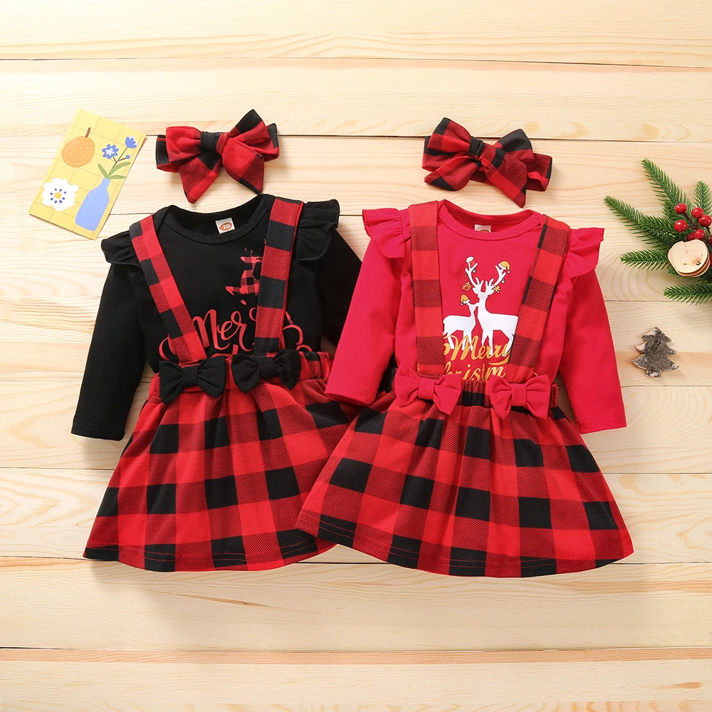 Christmas theme Baby Set elk letter flounce bow tie suspender plaid skirt short skirt suitable for baby girls aged 0-18 months