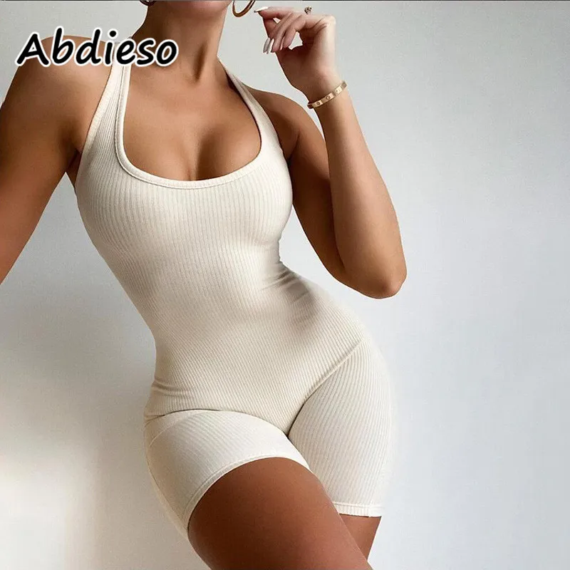 

Abdieso 2021 Black Sport Casual Playsuit Women Solid Rib Knitted Summer Jumpsuit Halter Backless Sexy Rompers Fitness Outfits