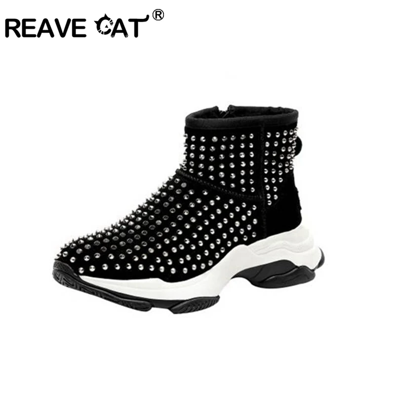 

REAVE CAT Women Snow Winter's Warm Cow suede Ankle Boots Rivets Platform Round Toe Zipper Waterproof Hiking size 35-39 Casual