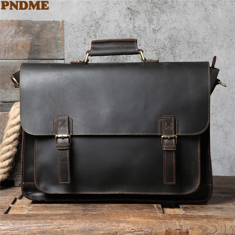 PNDME high quality crazy horse cowhide men's briefcase business laptop handbag shoulder bag genuine leather lawyer messenger bag