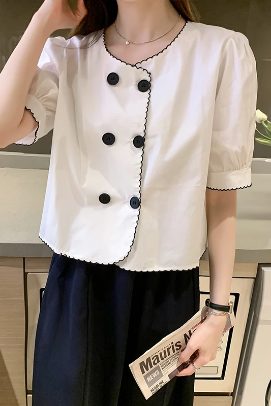 

COIGARSAM Brief Short Sleeve blouse women New Summer Spring O-Neck blusas womens tops and blouses Apricot White Navy C3555