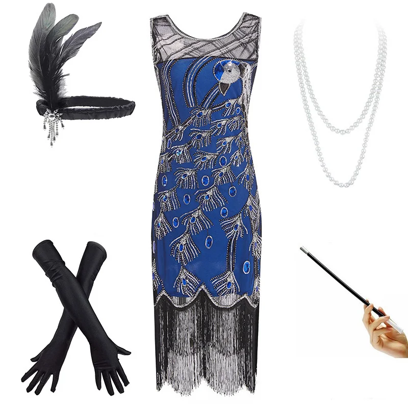 Blue set 1920s винтажное платье с павлином и блестками, с бахромой, вечерние, Украшенные бусинами, платье Грейт Гэтсби/комплект аксессуаров(S-XXXL - Цвет: Blue set