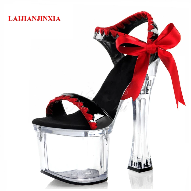 

Peep Toe 18cm Super High heeled shoes Spool heels Clear Platform Women's Sandals Bride shoes 7 inches Pole dancing Shoes