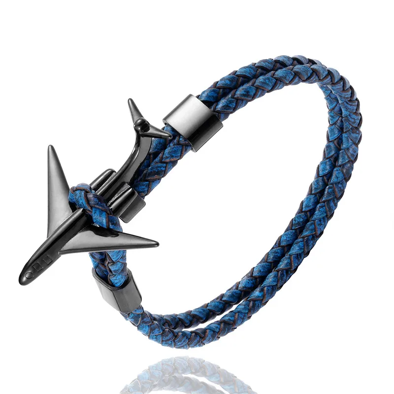 Black Blue MKENDN, модный ретро кожаный браслет, нержавеющая сталь, самолет, якорь, браслеты для мужчин и женщин, Летний стиль, обёрточная бумага, металлический спортивный крючок - Metal Color: Black Blue