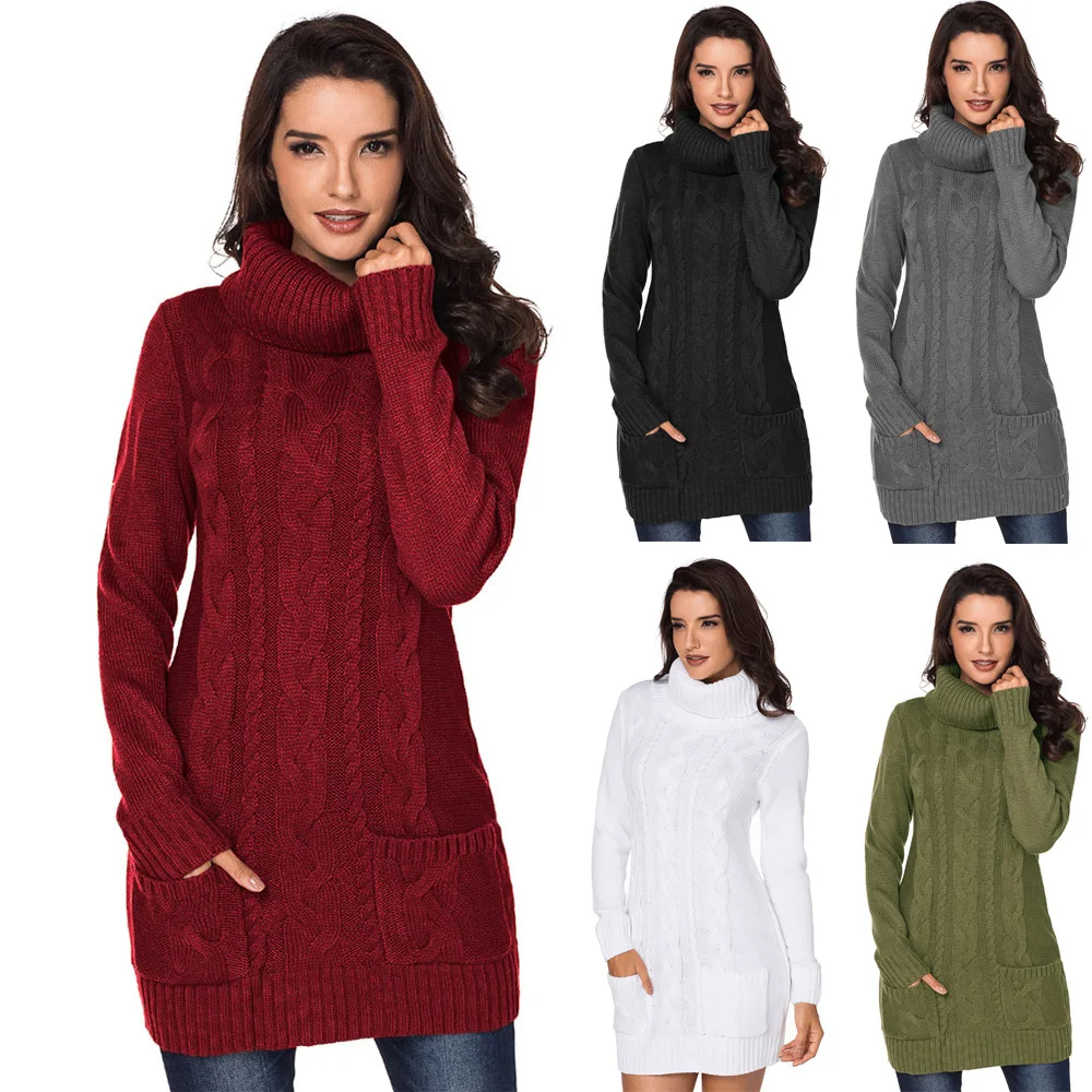 

2021 Autumn and Winter New Solid Color Long-sleeved Turtleneck Sweater Rib Knit Mid-length Sweater Fashion Women