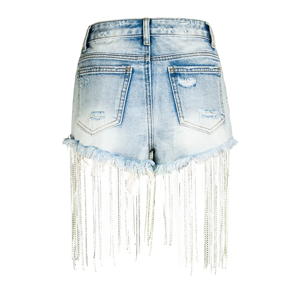 

2021 Summer New Wide-leg Long Tassel High Waist Heavy Industry Trendy Diamond Chain Denim Shorts Women's Hot Pants
