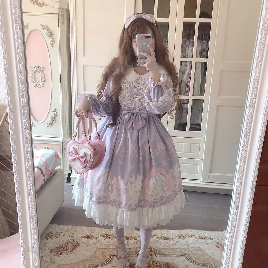 Обувь в японском стиле Харадзюку на Mori милые девочки Kawaii заячьими ушками с рисунком «лолита» порошок/пурпурное кружевное платье принцессы Милые Колледж элегантное милое платье