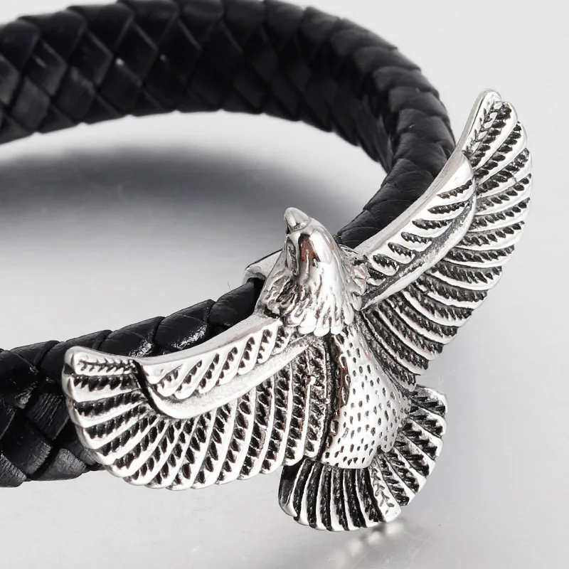 

Hyperbole, eagle bracelet for men, black jewelry, genuine leather bracelets, stainless steel magnetic buckle wrap bracelet