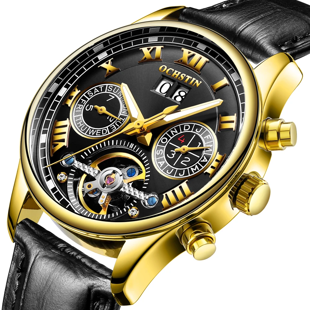 Часы мужские механические водонепроницаемые с римскими цифрами и турбийоном |