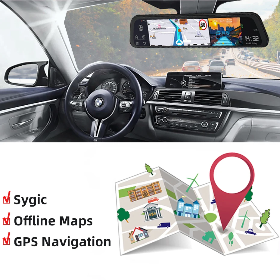 Bluavido 3 в 1 Автомобильная камера зеркале заднего вида 4G Android GPS навигации ADAS 1080P Dash Cam