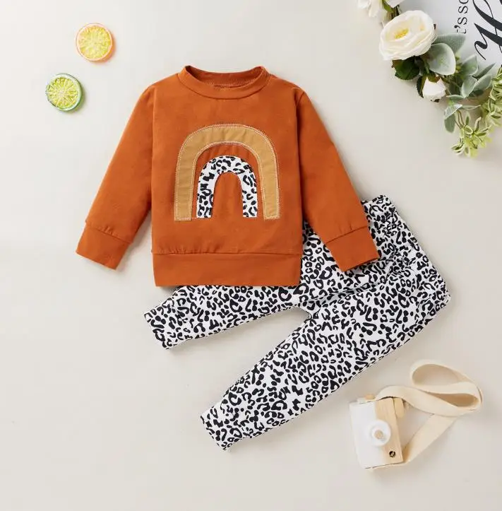 

Baby Girl Fall Spring Clothes Rainbow Printed Round Neck Long Sleeve Tops Loose Leopard Trousers Clothing Suits Outfits Set