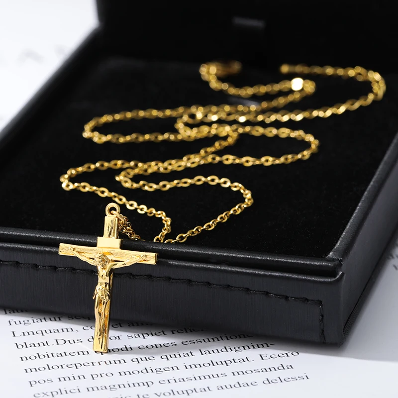 Stainless Steel Gold Color Cross Chain Man Necklace for Women Hip Hop Accessory Fashion Jesus Christ Cross Pendant Necklace