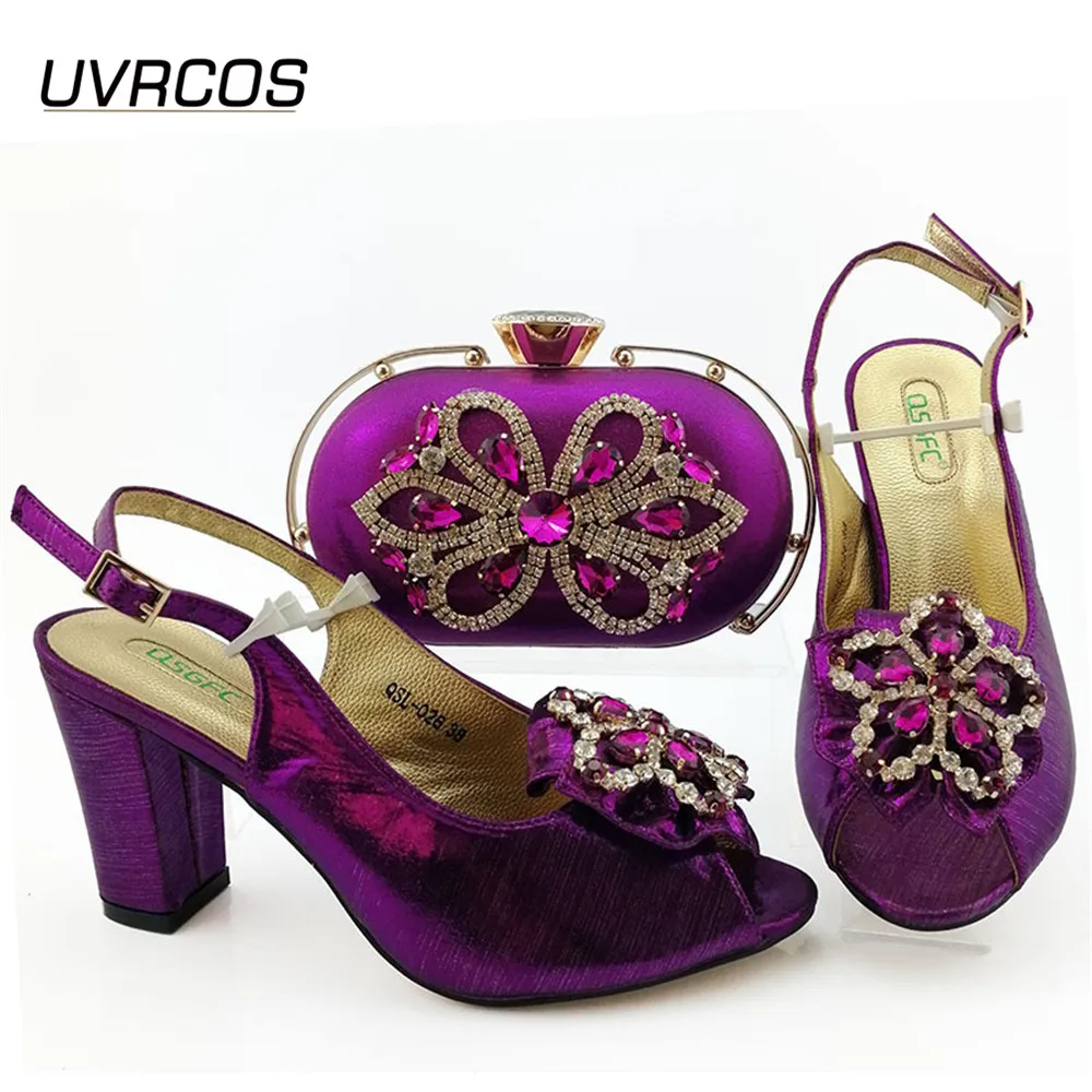 

Italian Design 2021 African Hot Selling Purple Color Fahsion Crystal Style Elegant Party Wedding Ladies Shoes and Bag Set