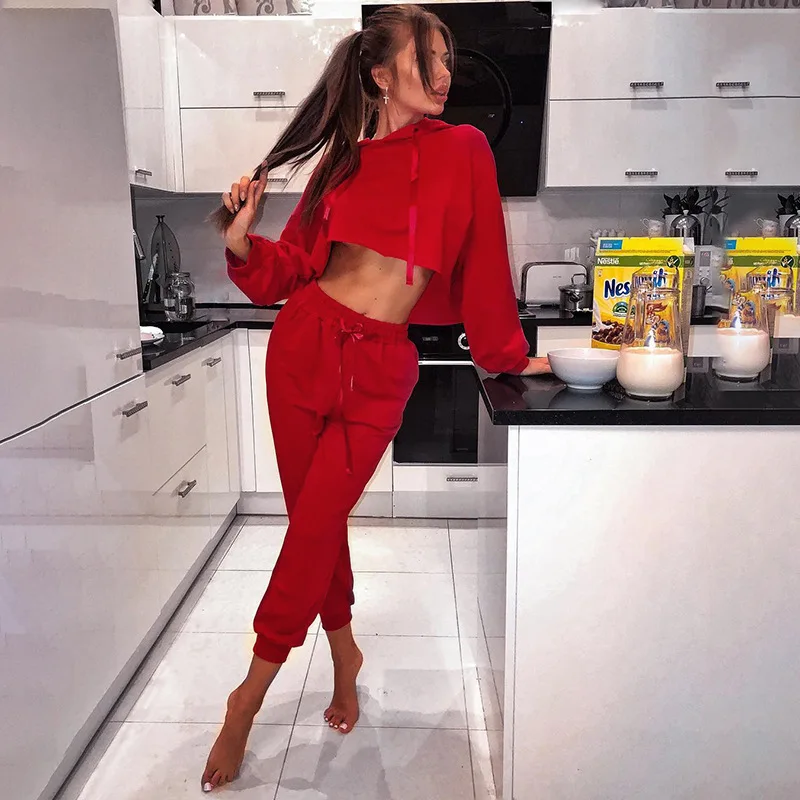 Повседневное красные спортивные костюмы женский комплект 2 шт. свободные кроп