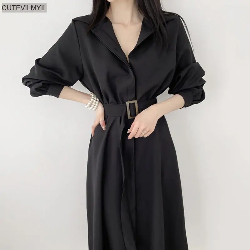 Женское офисное платье-рубашка шикарное корейское длинное платье с V-образным