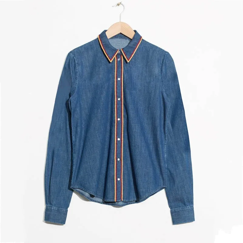 Fashion Women Denim Blouse Top High Quality Colors Striped Long Sleeve Jeans Shirt Single Breasted Office Ladies Casual Shirts | Женская