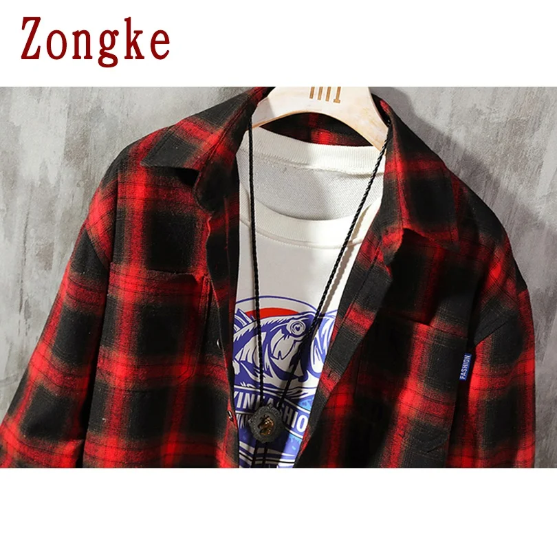 

Zongke Harajuku Mens Shirt Plaid Shirt Men Shirts For Men Clothing Checkered Shirt Men Blouse M-5XL 2021 New Arrival
