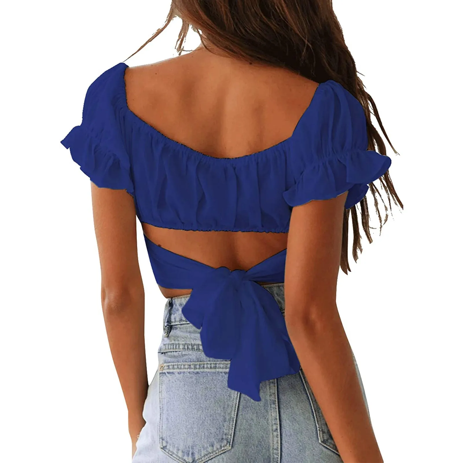 

Women Off Shoulder Blouses Short Sleeve Blouse Sexy Tops Clothes 2021 Summer New Elegant Bow Tee Shirt Femme Ruffled T-shirt