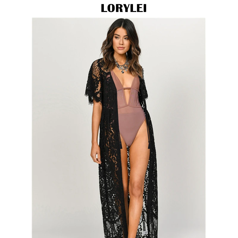 2020 накидка Парео сексуальный прозрачный белый кружевной длинный кардиган кимоно