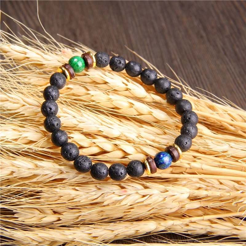 Type 1 Мужской браслет из натуральной чакры, камень из вулканической лавы, бусины, браслет из деревянных бусин, очаровательный браслет для женщин и мужчин, ювелирные изделия, подарки - Окраска металла: Type 1