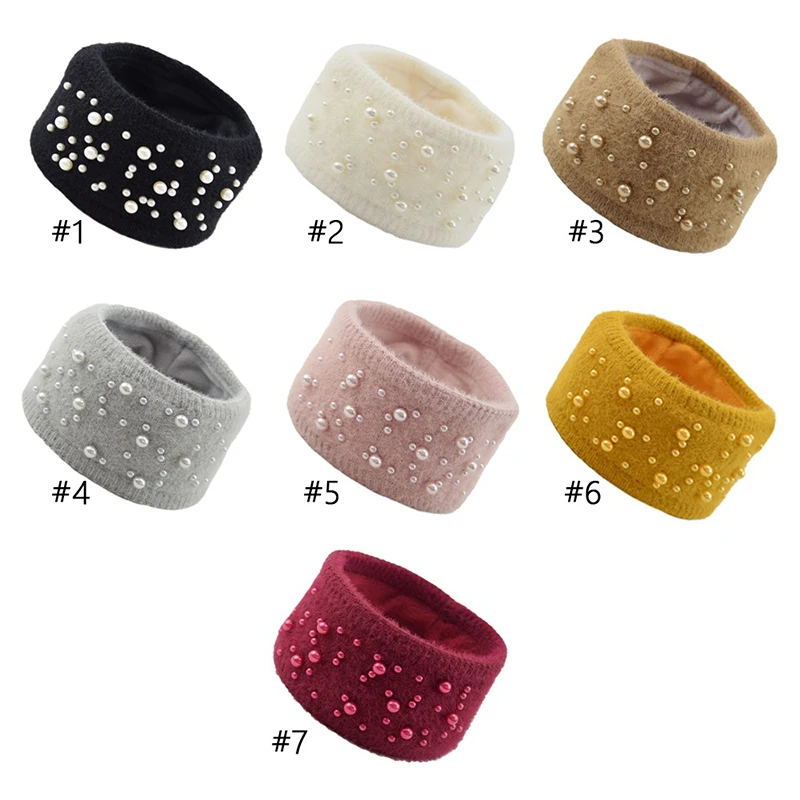 

Lady Elastic Turban Hair Band Ears Warmer Winter Pearls Hair Ribbon Wide Knitted Hairband Solid Color Headband Hair Accessories