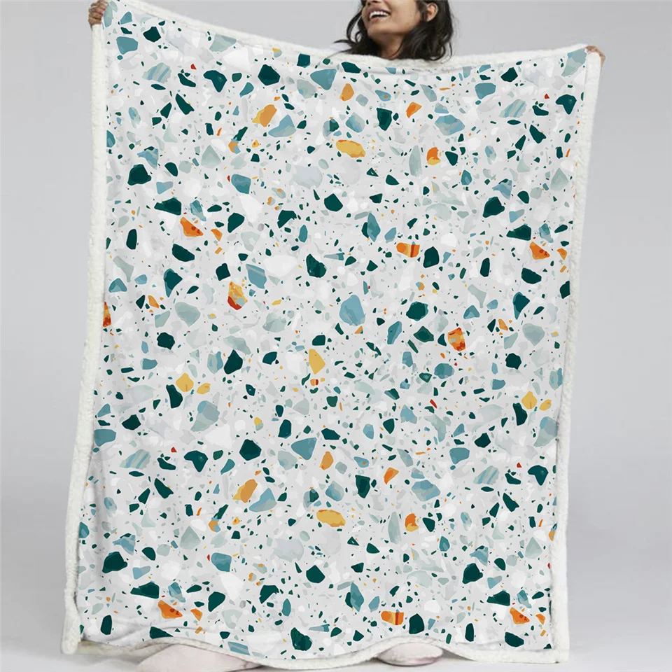 

BlessLiving Quartz Sherpa Blanket Colorful Stones Plush Bedspread Rock Terrazzo Marble Blankets For Beds White Bedding Koce