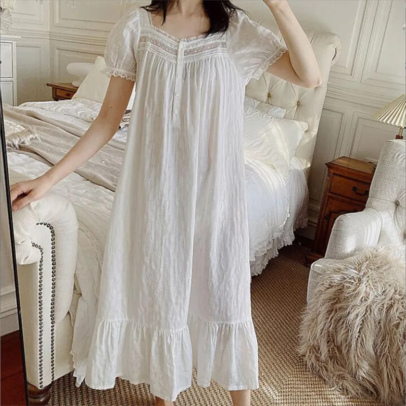 

Women Summer Thin Short Sleeves Nightdress Soft 100% Cotton Sleepwear Long Mid-Calf Loose Nightie White Lace Vintage Nightgown
