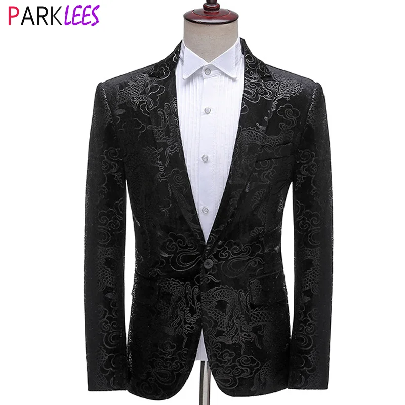 Мужской роскошный бархатный блейзер-смокинг с принтом дракона брендовый пиджак