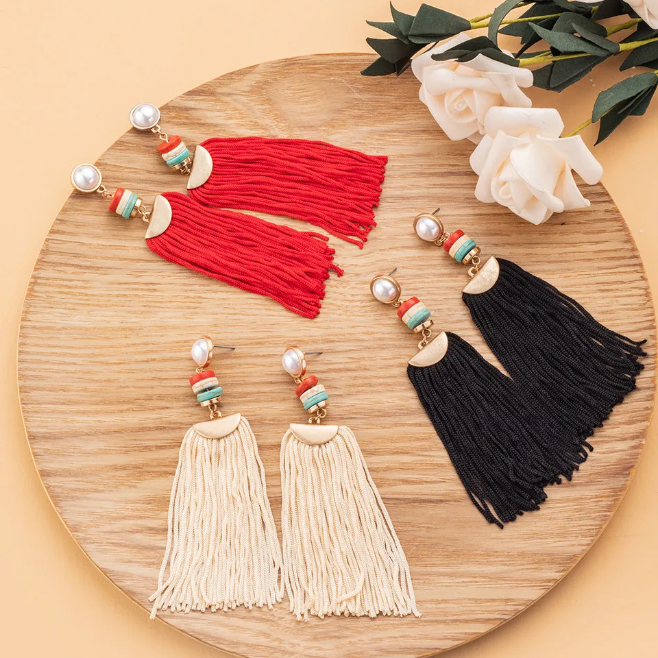 

Bohemia Red Black Color Nylon Long Tassel Earrings for Women Girls Vintage Imitation Pearl Resin Dangle Drop Earring Jewelry