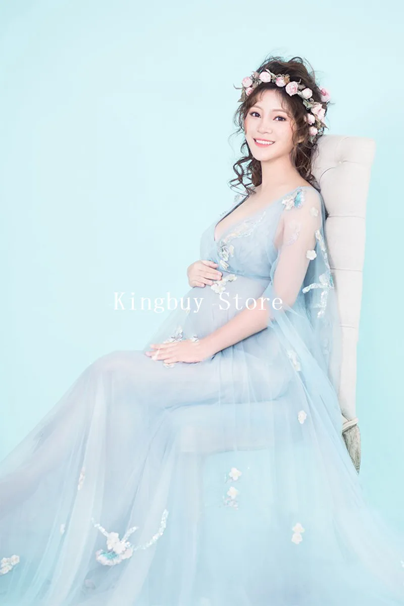 

Maternity Photography Props Dresses for Photo Shoot Pregnancy Dress Pregnant Blue Mesh Perspective Elegant Studio Costume