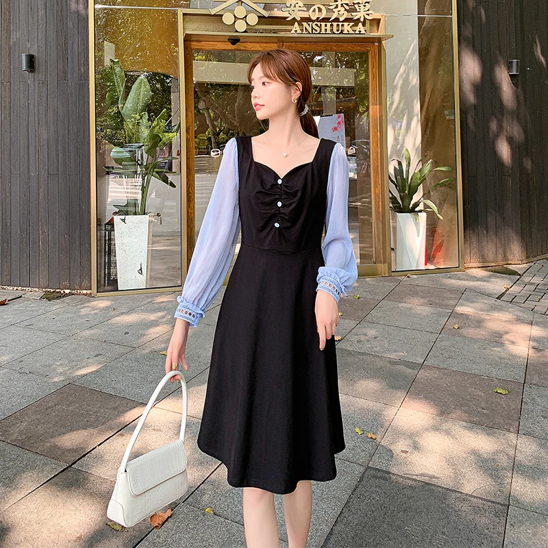 

Женское винтажное платье с высокой талией, черное платье трапециевидной формы с квадратным вырезом, длинным рукавом и прострочкой, весна 2022