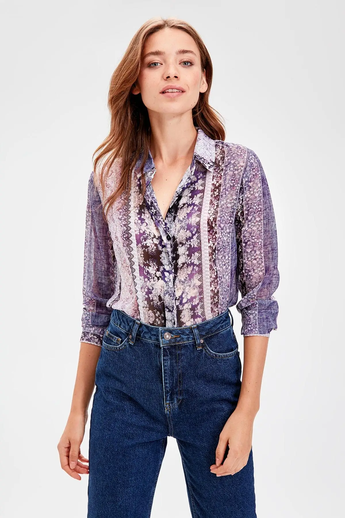 Trendyol фиолетовый Узорчатая рубашка TWOAW20GO0185