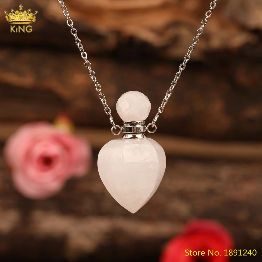 

Trendy Women Heart Shape Natural Stone Perfume Bottle Pendant Gold Silvery Necklace Purple Roses Quartz Essential Oil Jewelry