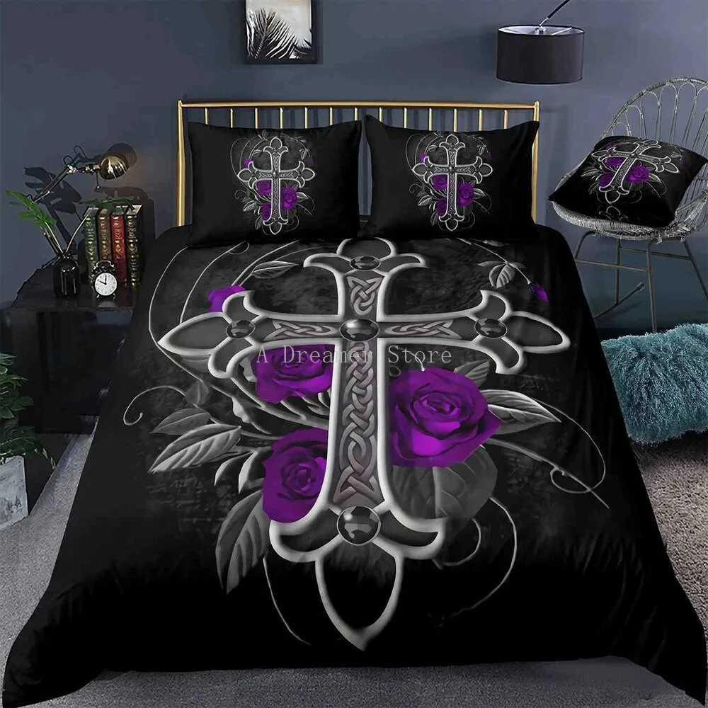 

Cartoon Jesus Christ Cross Bedding Set Black Bedroom Decor 100% Microfiber Hypoallergenic Duvet Cover with Pillowcases