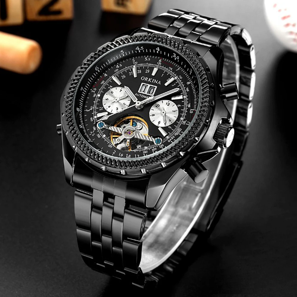 

ORKINA Tourbillon Watch Luxury Black Watch Men Stainless Steel Automatic Mechanical Watches Clock Relogio Masculino Reloj Hombre