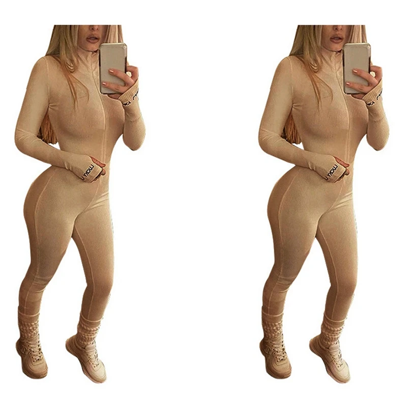 

Женский спортивный комбинезон в рубчик, с длинным рукавом и вышивкой, цвета хаки