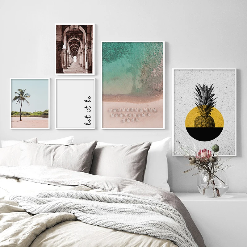 

Landscape Canvas Poster Nordic Style Beach Building Palm Pineapple Quote Wall Art Print Painting Picture Scandinavian Home Decor