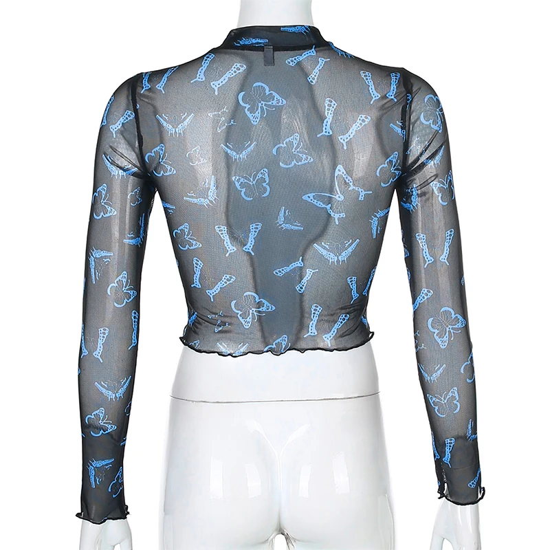 

Butterfly Printed Mesh Long Sleeve Crop Top Ladies Black Transparent Sexy T-shirt Women See Through Tops Harajuku Summer