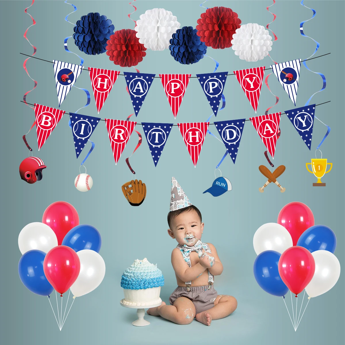 

37PCS / LOT Baseball Themed Birthday Party Decoration Baseball Birthday Flag Cake Planting Flag