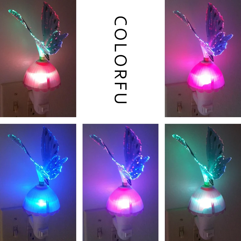 Fiber Optic LED Butterfly Night Light EU/US Plug Smart Sensor Color Changeable Lamp For Baby Kids Room Deco 110-220V | Лампы и