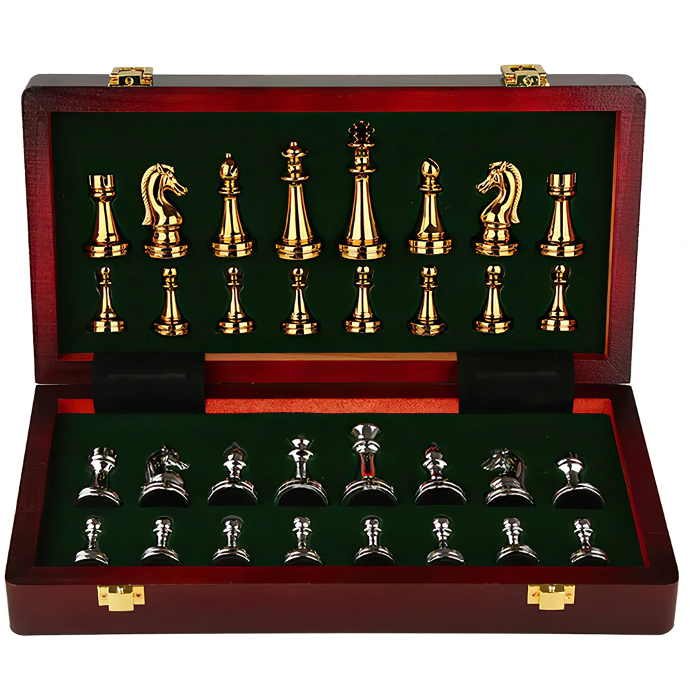 

Professional Luxury Chess Set 30*30*2.8 cm Wooden Chessboard 32 Metal Chess Pieces Puzzle Board Game for Children Adults Gifts