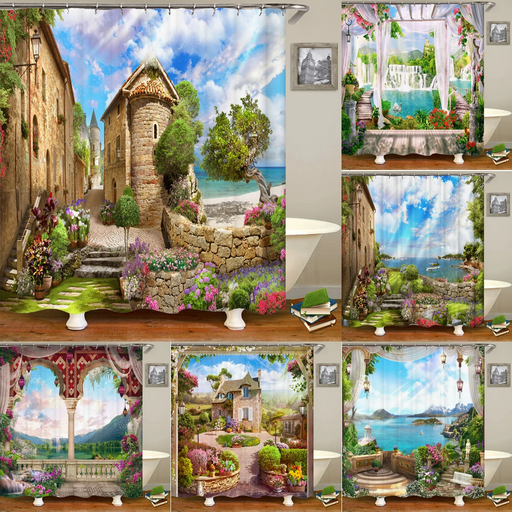 

Flowers Garden Landscape Shower Curtain European Retro Rural Scenery Wall Decor Hanging Curtain Waterproof Bathroom Curtains