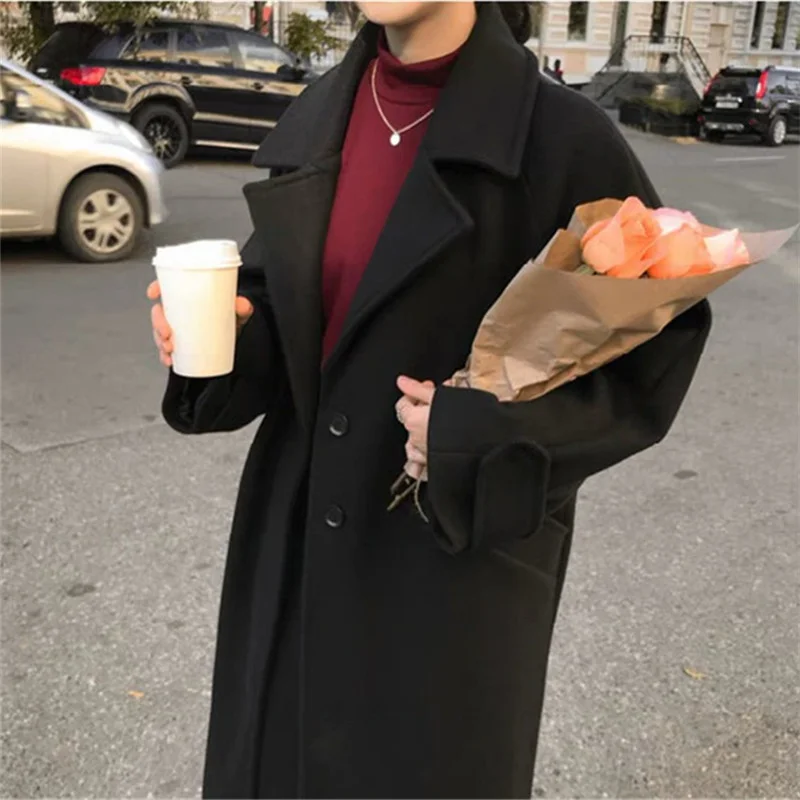 

Plus Size Black Wild Wool Jacket Autumn Winter Long Sleeve Breasted Slim Overcoat Turn-Down Collar Classic Chic Coat 2021