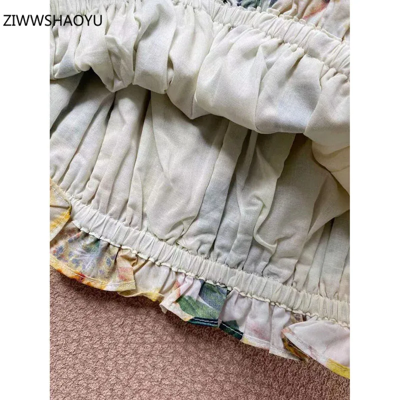 

ZIWWSHAOYU 2021 New Fashion Women Summer Sexy Strapless Cotton Runway Short Camellia Print Tees