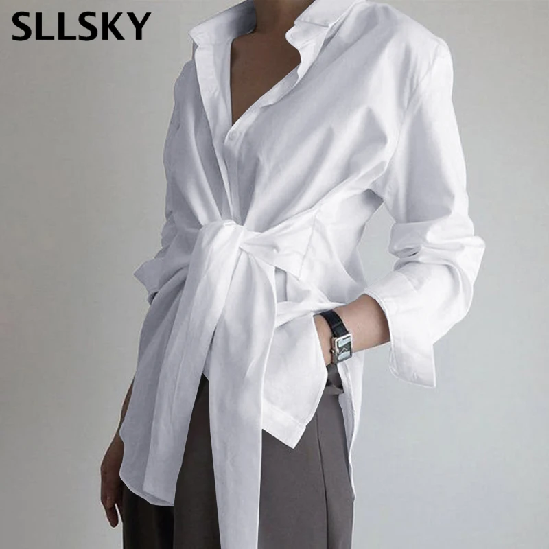 

Женская рубашка с длинным рукавом Sllsky, на шнуровке, новая весенняя Свободная рубашка с воротником с лацканами, однобортная Повседневная Эле...